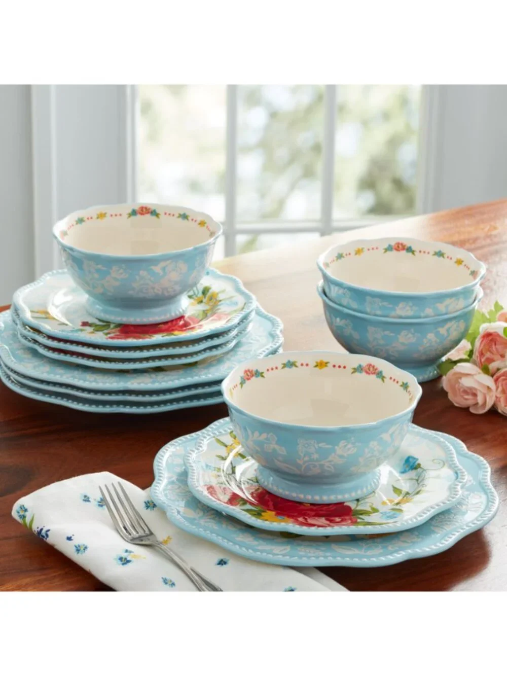 The Pioneer Woman Home Blue & Red Sweet Rose 12-Piece Floral Dinnerware Set